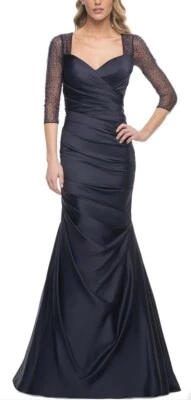 La Femme темно-синий русалка атласная иллюзия бисером рукав платье запустить маленький рекомендуемая розничная цена производителя $558 - Изображение 1 из 4