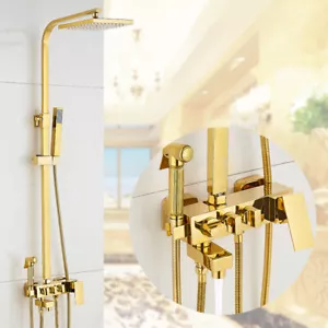 Gold Thermostatic Rain Square 8"Shower Head +Hand Shower Faucet Set Mixer Taps - Picture 1 of 11
