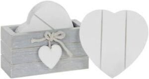 Set of 6 Provence White Heart Wooden Coasters in Grey Holder Shabby Chic Gift 