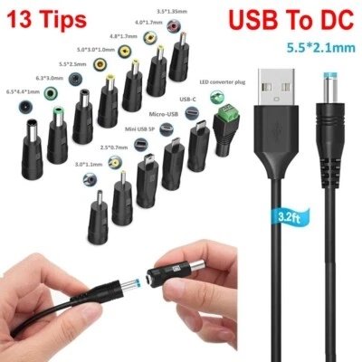 5V Universal USB to DC Power Cable Charging Cord 5.5x2.1mm w/ 13 Size Connector - Image 1 of 4