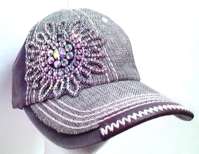 Olive & Pique~Green & Brown~Cap~Rhinestone Crystal Flower~Adjustable - Image 1 of 4