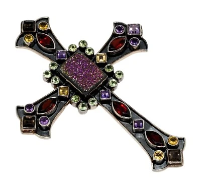 Nicky Butler NB Solid 925 Sterling Silver Druzy & Gemstone Cross Pendant! - Image 1 of 4