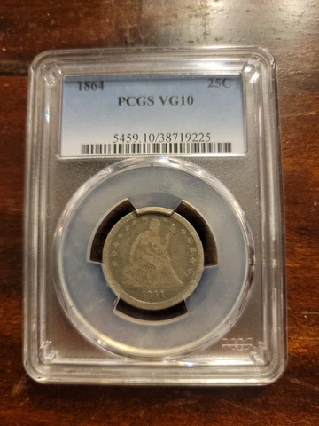 1864 Seated Liberty Quarter, PCGS VG10 - Better date ! Cover