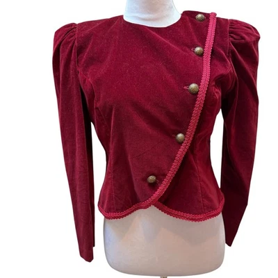 Chaqueta militar de terciopelo rojo borgoña para mujer talla 6 manga abullonada blazer con botones dorados Foto 1 de 4