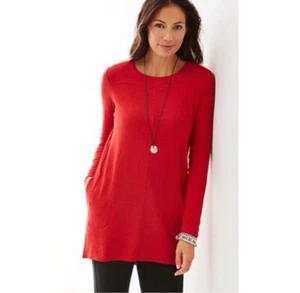 J. Jill Tunic Top Womens Sz M Red Cotton Inseam Pockets Long Sleeves Oversized - Picture 1 of 13