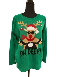 LOL Vintage Damen Lg. Weihnachtspullover "Oh Deer" Motorrad Rentier grün - Bild 1 von 4