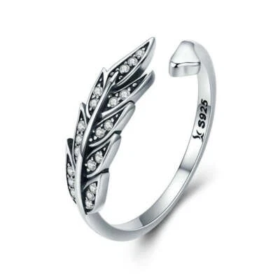 Sterling Silver Cubic Zirconia Feather Adjustable Hypoallergenic Ring - Image 1 of 4