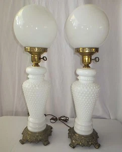 Pair Rare Vintage White Milk Glass Hobnail Parlor Table Lamps 25.75" tall - Picture 1 of 9