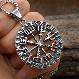 Edelstahl Herren nordisch Wikinger Rune Vegvisir Kompass Anhänger Halskette Geschenk - Bild 1 von 6