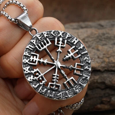 Stainless Steel Mens Norse Viking Rune Vegvisir Compass Pendant Necklace Gift - Image 1 of 4