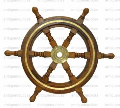 18" Nautical Wooden Ship Steering Wheel Pirate Décor Handmade Vintage Wall Boat - Image 1 of 4