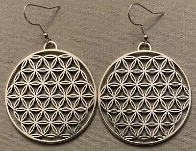 生命之花耳环,大号 - 锡带纯银耳线几何 — 第 1/4 张图片
