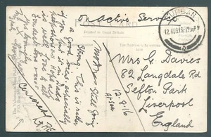 SOUTH AFRICA 1916 WW1 Active Service postcard Durban to Liverpool - Picture 1 of 2
