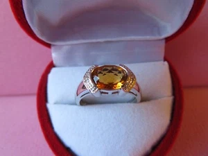 14K Solid White Gold Citrine Diamond Chip Band Ring size 6.75 - Picture 1 of 9