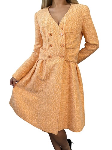 Giacca lunga CHANEL vintage 96P CC Mark logo tweed #40 arancione cotone lana bottoni