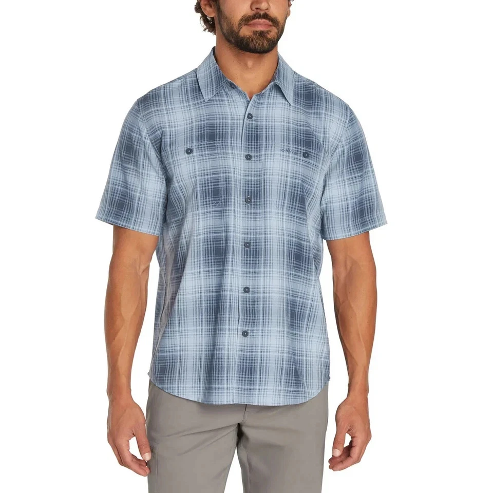 Orvis Classic Collection Mens Short Sleeve Tech Shirt L Blue Gray Plaid Hike
