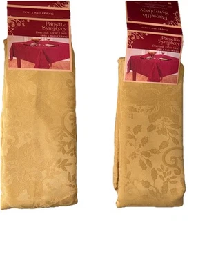 2 COUNT - Holiday Poinsettia Symphony Damask Gold Jacquard Fabric Tablecloth - Image 1 of 4