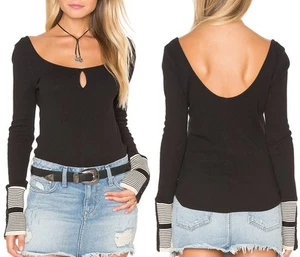 Free People OB519388 Black Free People 'Mod' Stripe Cuff Ribbed Tee Top, XS $88 - Picture 1 of 6