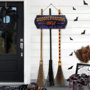 Halloween Parking Sign with 3 Wooden Witches Brooms Hocus Pocus Cute Decoration - Picture 1 of 6
