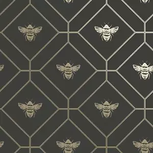 Geometric Honeycomb Bee Metallic Gold / Dark Grey 13081 Animal Wallpaper - Picture 1 of 6