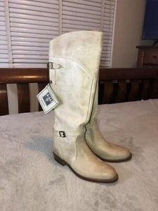 NUEVO CON ETIQUETAS FRYE Mujer Dorado Beige Cuero Montar Motociclista Botas Hasta la Rodilla Talla 7 - Imagen 1 de 11