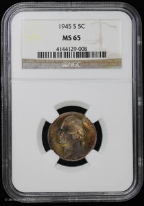 1945 S 5C Jefferson War Nickel 35% Silver NGC MS 65 | Uncirculated Toning! - Picture 1 of 4