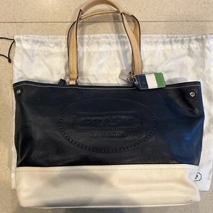Coach New York Leather Womens Purse Handbag Blue White Satchel Handle Bag - Picture 1 of 24