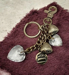 Kathy Van Zeeland Heart Charm Keychain Chunky Gold Tone with Clear Hearts - Picture 1 of 7
