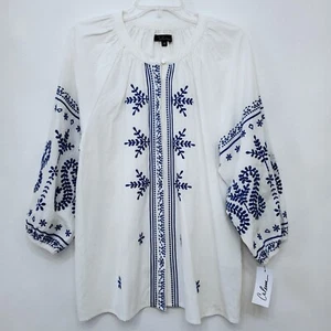 Calessa Embroidered Crew Neck Puff Sleeve Kaftan Peasant Tunic Top Size X-Large - Picture 1 of 14