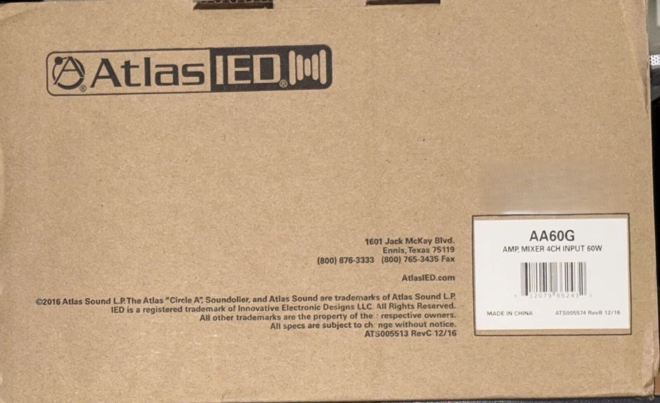 Atlas Sound AA60G 60W 4 Input Mixer Amplifier - New! - Image 1 of 1