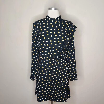 Miss Selfridge Dress Size 6 Womens Ruffled Polka Dot Long Sleeve Black Yellow - Image 1 of 4