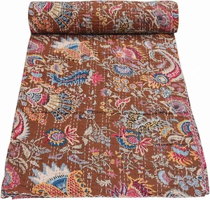 King Size Brown Crown Handmade Vintage Kantha Bedspread Throw Cotton Blanket - Picture 1 of 4