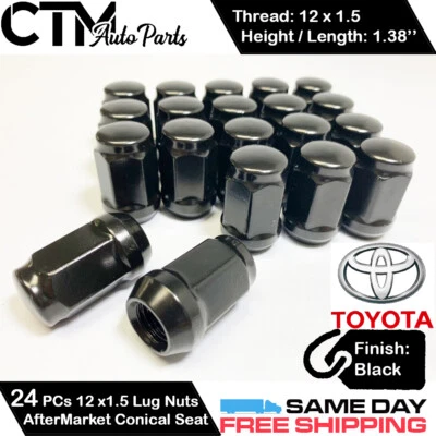 24PC TOYOTA BLACK 12X1.5 CONICAL SEAT BULGE ACORN LUG NUTS FIT CONICAL SEAT RIM - Image 1 of 2