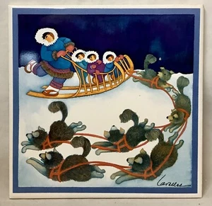 Vintage Barbara Lavallee Inuit Alaskan Untersetzer/Wandbild Fliese Schlitten Hunde Zugschlitten - Bild 1 von 3