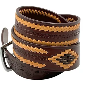 Braun Leder Herren 36 Western Gürtel hellbraun dunkelbraun Nähte Southwest Rodeo Cowboy - Bild 1 von 6