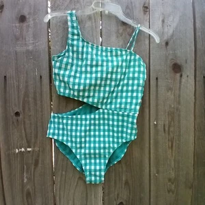 WONDER NATION SWIMSUIT TEENS SZ XL (14-16) GREEN WHITE PLAID SHARK BITE BEACH - Picture 1 of 7
