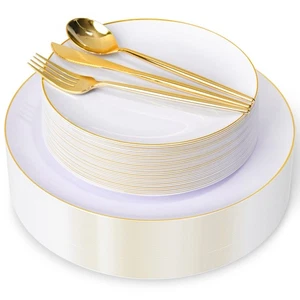 White and Gold Plastic Plates with Disposable Silverware for 30 Guests,White ... - Picture 1 of 8