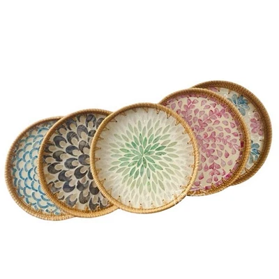 Rattan Woven Serving Tray Round Decorative Natural Rattan Shell Fruit Dessert - Image 1 of 4