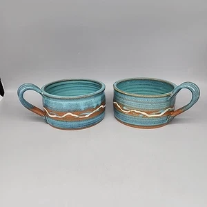 Set 2 ciotole artigianali in ceramica con manico smalto a goccia beige teal bellissime  - Foto 1 di 7