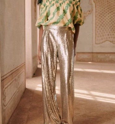 Pantalones Plisados Sezane Aurelina Lentejuelas Pantalones Largos Pierna Ancha 40/USA 8 Foto 1 de 4