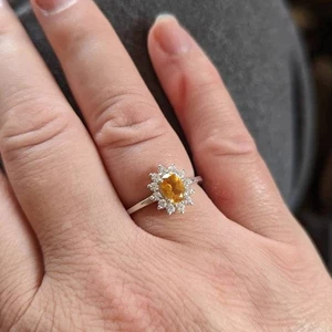 Natural Yellow Citirne and Diamonds Gemstone Cocktail Ring 14k White Gold - Picture 1 of 6
