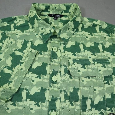 Camisa Estoica Para Hombre Pequeña Verde Camuflada Manga Corta Botón Tecnología Elastizada Exterior Foto 1 de 4