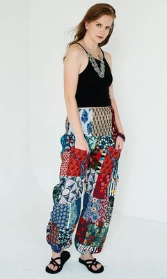 Visions of Tibet Smocked Waist Mixed Patchwork Elastic Bottom Harem Boho Pants M - Image 1 of 4