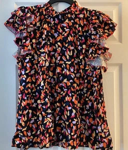 Haptics Top, 1X, NWOT, Ruffle Cap Sleeves, Full Fit, Black Colorful Confetti - Picture 1 of 7