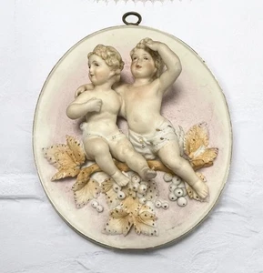 Vtg. Arnart Porcelain Cherubs Plaque Putti Figures Bisque 3D Gold Trim 7119 - Picture 1 of 7
