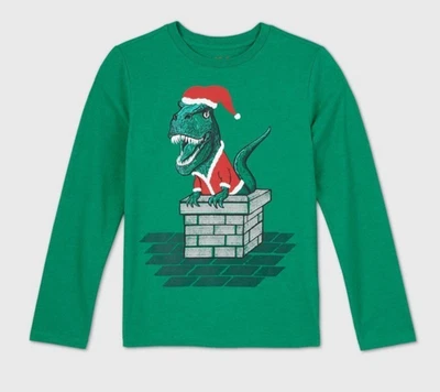 Cat & Jack Boys Size XXL (18) Christmas Dinosaur T-Shirt Santa Green Knit NEW - Image 1 of 4