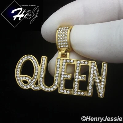 WOMEN's Stainless Steel ICY CZ Gold Plated 3D HipHop "QUEEN" Letter Pendant*G149 - Image 1 of 3