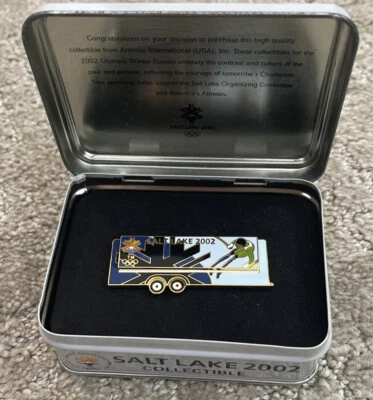 Salt Lake City 2002 Olympics Pin - Downhill Skiing Trailer Pin - w/ Original Tin - Image 1 of 4