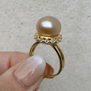 Solitaire Ring Southsea Pearl Sterling Silver Gold Plating Free Size Women Gift - Picture 1 of 5