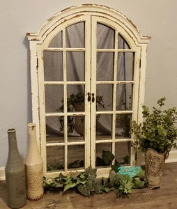 Distressed Rustic Antique Vintage Style Arched Windowpane Doors Wood Wall Mirror - Picture 1 of 11